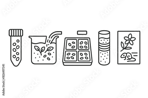 Environmental Archaeology Icons. Line style icons of environmental archaeology training: pollen sample tube, flotation tank icon,