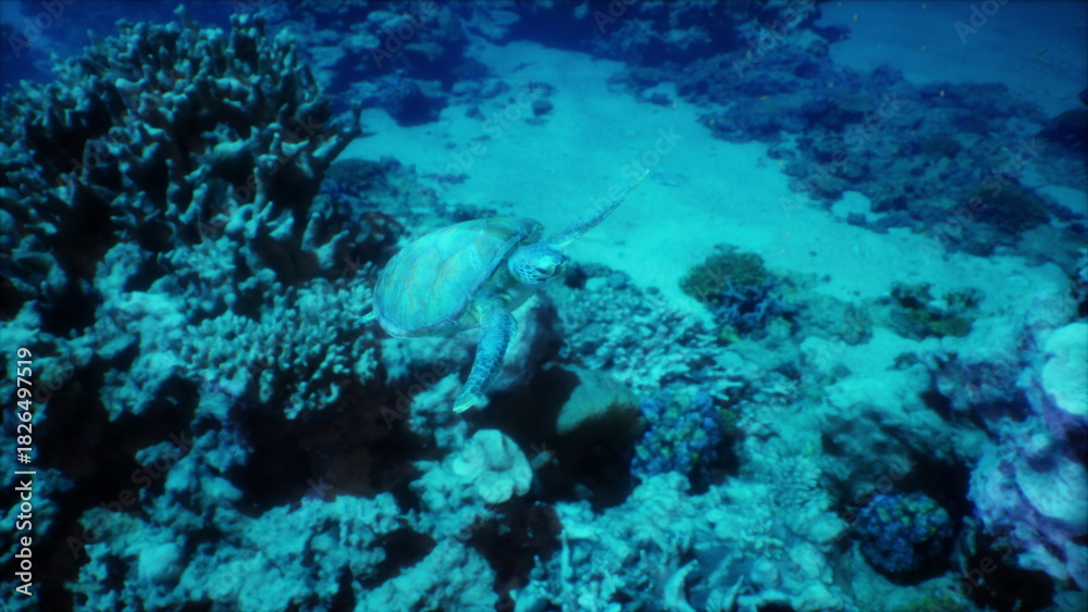 Obraz premium Swimmers encounter a graceful turtle gliding through clear blue waters. Colorful coral formations surround this serene ocean scene, showcasing the beauty of marine life in its natural habitat.