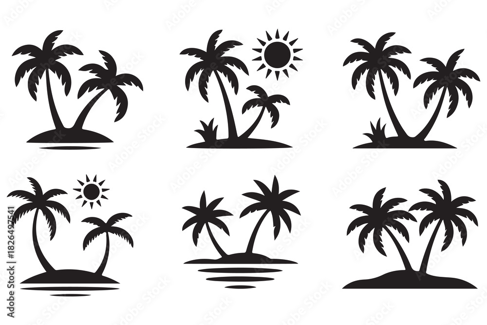 Fototapeta premium Tropical island palm tree silhouette icon on white background 