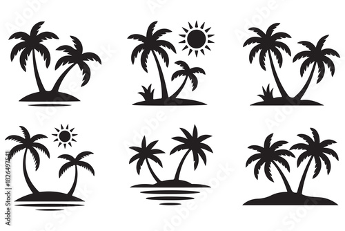 Tropical island palm tree silhouette icon on white background
