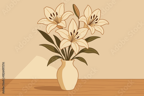 Minimalist Lily Vase. Minimalist ceramic vase with blooming lilies placed on a wooden surface, soft natural lighting, warm and