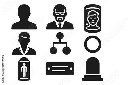 Cryonics Icon Collection. Solid style icons of historical cryonics figures: legacy cryo-pioneer silhouette, cryonics founder icon,