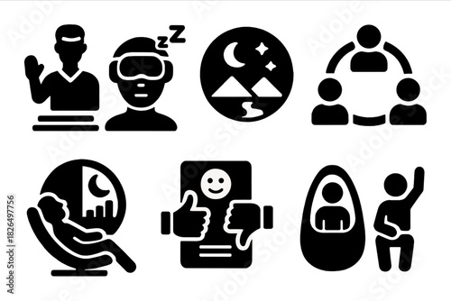 Immersive Dream Classrooms. Solid style icons of immersive dream classrooms: hologram teacher glyph, VR sleep icon, scene badge.