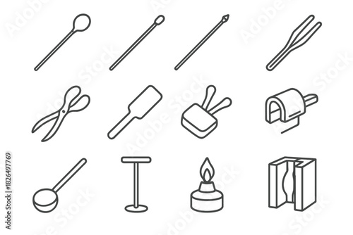 Glassblowing Tools Icons. Line style icons of traditional glass tools: blowpipe, punty iron, diamond point, brass tweezers; shears