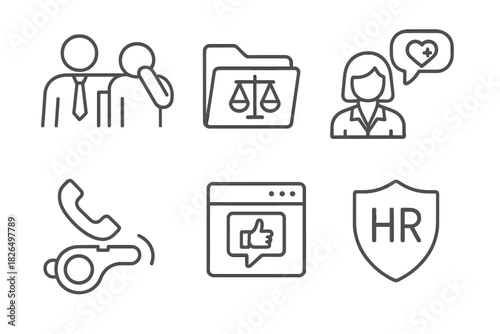 Whistleblower Support Icons. Line style icons of whistleblower support: employee assistance icon, legal aid folder, mental health