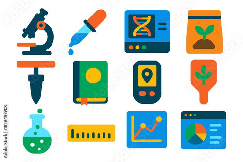 Modern Science Icons. Flat vector icons of experimental and fieldwork tools: microscope, pipette, DNA sequencer, sample bag, soil