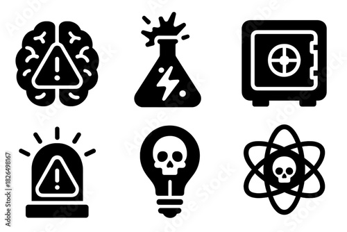 Dangerous Idea Icons. Solid style icons of dangerous idea incubators: brain with hazard symbol, idea flask explosion, lightning