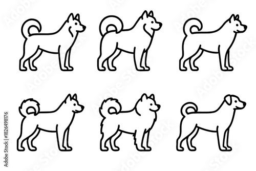 Sledding Dog Breed Icons. Line style icons of dog breeds for sledding: Siberian Husky, Alaskan Malamute, Canadian Eskimo Dog,