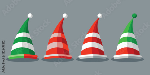 Four festive elf hats in red and green stripes with white pom poms