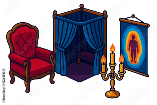 18th Century Healing Room. Isometric vector illustration set 18th Century Healing Room: Velvet armchair for subject, curtained