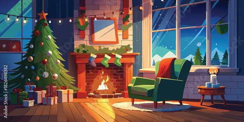 Cozy christmas living room with fireplace and armchair by the window