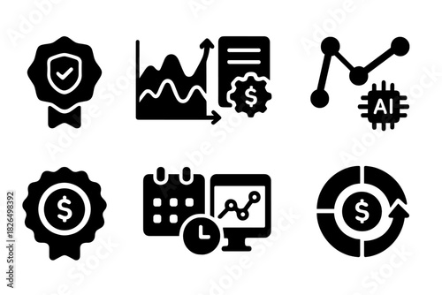 Pricing Optimization Icons. Solid style icons of pricing optimization: predicted cost badge, price fluctuation chart, smart