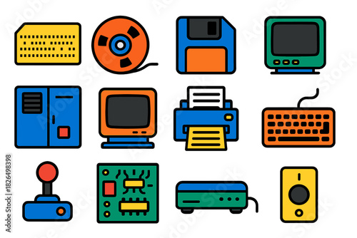 Vintage Tech Icons. Flat vector icons of Vintage Computing Devices: punch card, magnetic tape reel, floppy disk, old terminal,