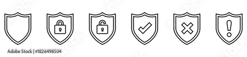Shield line icon set. Minimal linear security pictograms for web design, mobile apps, and digital protection concepts.