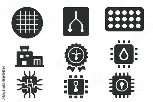 Lab-on-a-Chip Icons. Solid style icons of lab-on-a-chip fabrication: silicon wafer icon, tiny lab path, bio-chip tray.