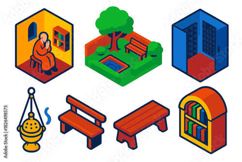 Silent Spaces. Isometric vector illustration set History of silence: monastic cells, quiet gardens, soundproof chambers, incense