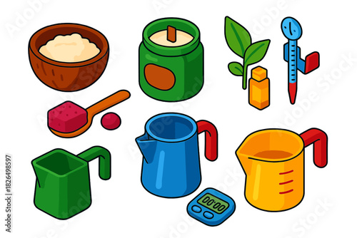 Candle Making Tools. Isometric vector illustration set Candle making – coconut wax, wooden wick, eco jar; plant-based dye, pigment