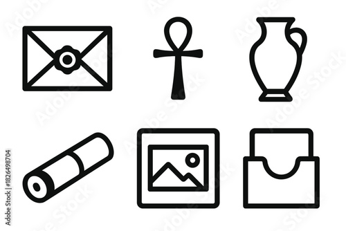 Time Capsule Icons. Line style icons of Time Capsule Curation: wax-sealed letter, symbolic object, cultural token, closed scroll