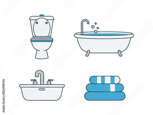 Bathroom icons set with toilet, bathtub, sink, and towels