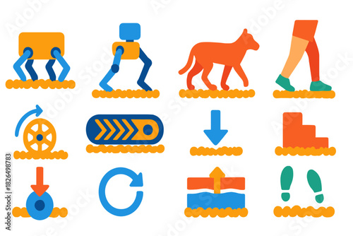 Locomotion Icons. Flat vector icons of locomotion mechanics over granular materials: crawling robot, walking robot, animal gait,