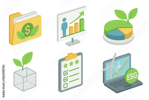 Ethical Investing Symbols. Isometric vector illustration set of Ethical investing: sustainable bonds folder, human rights