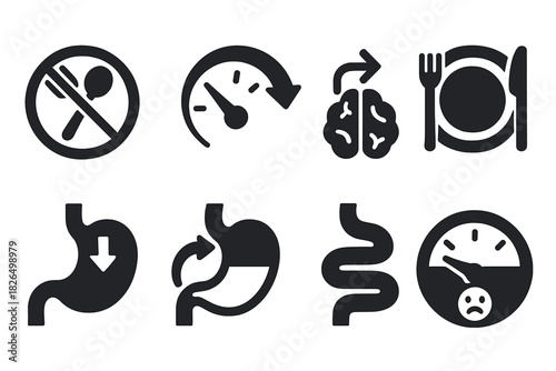 Anti-Hunger Icons. Solid style icons of anti-hunger symbols: reversed hunger icon, appetite meter with backward flow, satiety