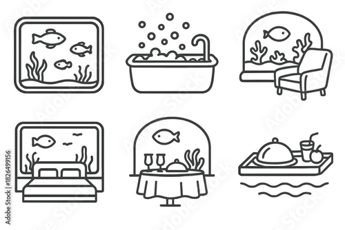 Underwater Hotel Icons. Line style icons of archer and horse relationship: calm grooming moment, horse being saddled,