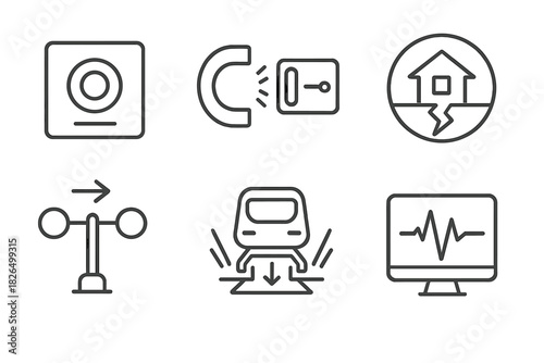 Maglev Safety Icons. Line style icons of maglev safety systems: emergency brake panel, magnetic lock system, earthquake shock icon