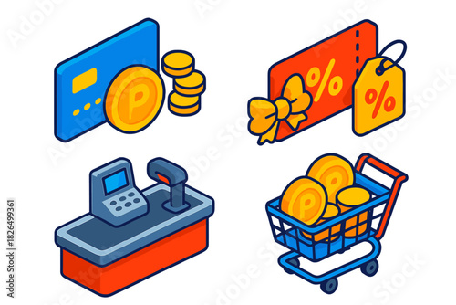 Colorful Reward Icons. Isometric vector illustration set Currency and coins – loyalty points card, points counter, reward icon;
