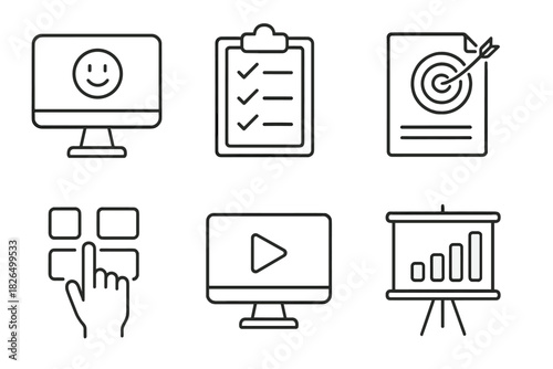 CBE Onboarding Icons. Line style icons of onboarding to CBE system: welcome to CBE screen, orientation checklist, goal-setting