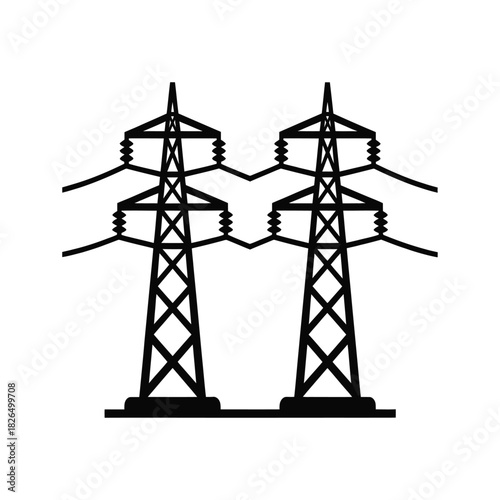 Two electricity pylons stand tall, their intricate lattice structures silhouetted against an isolated on white background