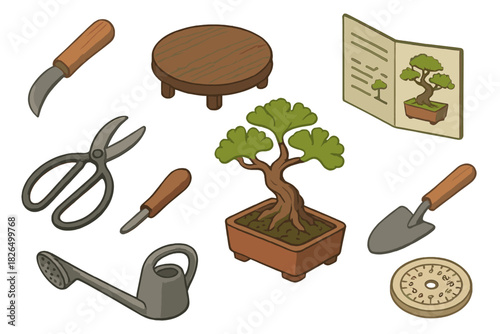 Bonsai Gardening Essentials. Isometric vector illustration set of Bonsai gardening: root pruning blade, round bonsai stand, bonsai