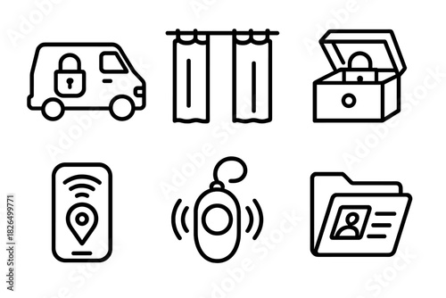 Security Line Icons. Line style icons of security and privacy: van lock system, privacy curtain icon, secret stash box, GPS
