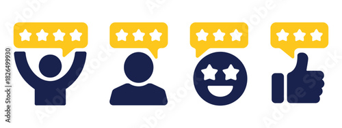 5 stars positive review of customer, depicting feedback ratings, survey responses, excellent service evaluation, best ranking symbols, and positive business outcomes, suitable for vector icons