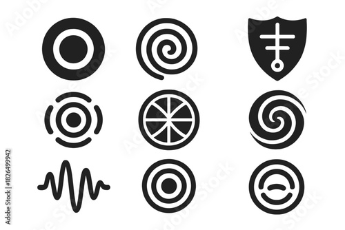 Sacred Sound Symbols. Solid style icons of sacred frequencies: tone circles, vibrational rings, frequency sigils. Harmonic seals,