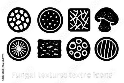 Fungal Texture Icons. Solid style icons of fungal textures in fabric: porous mesh icon, spore dot badge, hyphal weave panel.