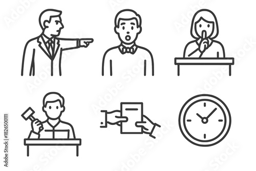 Courtroom Icons. Line style icons of Courtroom Dynamics: pointing lawyer, surprised witness, quiet juror, judge with gavel raised,