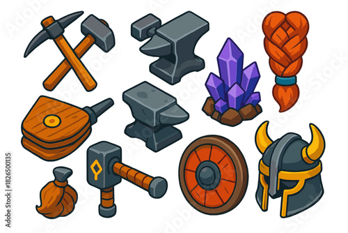 Mythical Blacksmith Icons. Isometric vector illustration set Mythology and folklore – mining pick, hammer and anvil, beard braid;