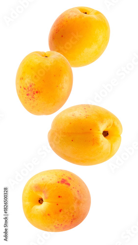 Ripe apricots falling against a white background, displaying freshness and healthy organic food concept