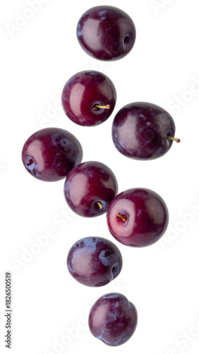 Ripe purple plums midair against white background, fresh, juicy and vibrant  natural, healthy ingredient for wholesome eating