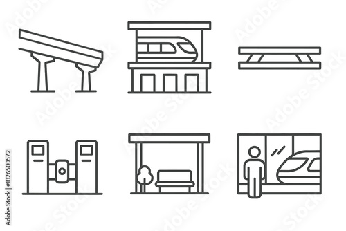 Maglev Train Icons. Line style icons of maglev train infrastructure: elevated track line, urban maglev station, maglev platform