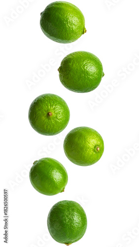 Limes falling vertically, showing fresh, green citrus fruit with a textured peel on a clean white background