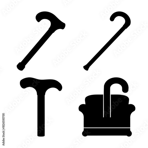 Walking sticks and canes icon set for seniors and mobility