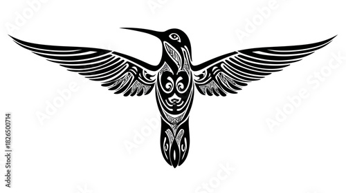 Hummingbird with spread wings detailed black and white illustration