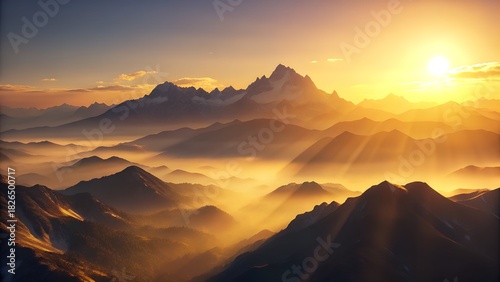 Majestic mountain range bathed in the warm golden light of a breathtaking sun...