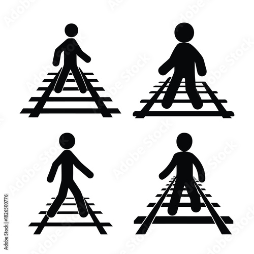 Person walking on railway tracks icon set, choosing own path