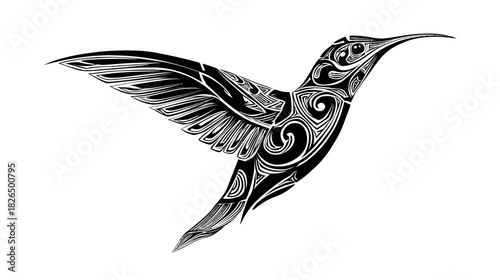Elegant vector illustration of a hummingbird with intricate black and white design