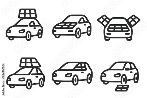 Solar Panel Vehicle Icons. Line style icons of solar panel placements on vehicles: rooftop solar grid, panel on hood, fold-out