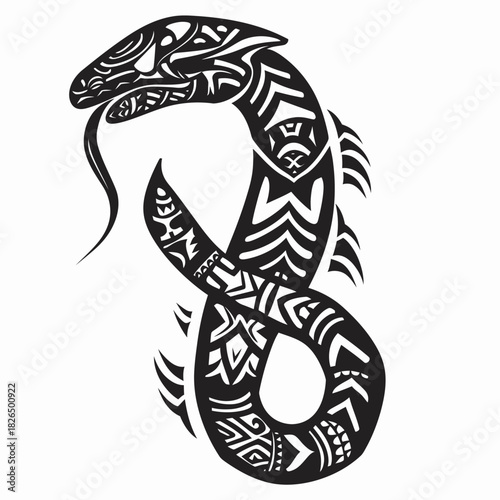 Intricate black and white serpent illustration tribal art design