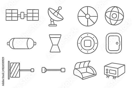 Spacecraft Parts Icons. Line style icons of spacecraft parts: solar array, antenna, reaction wheel, gyroscope; propellant tank,